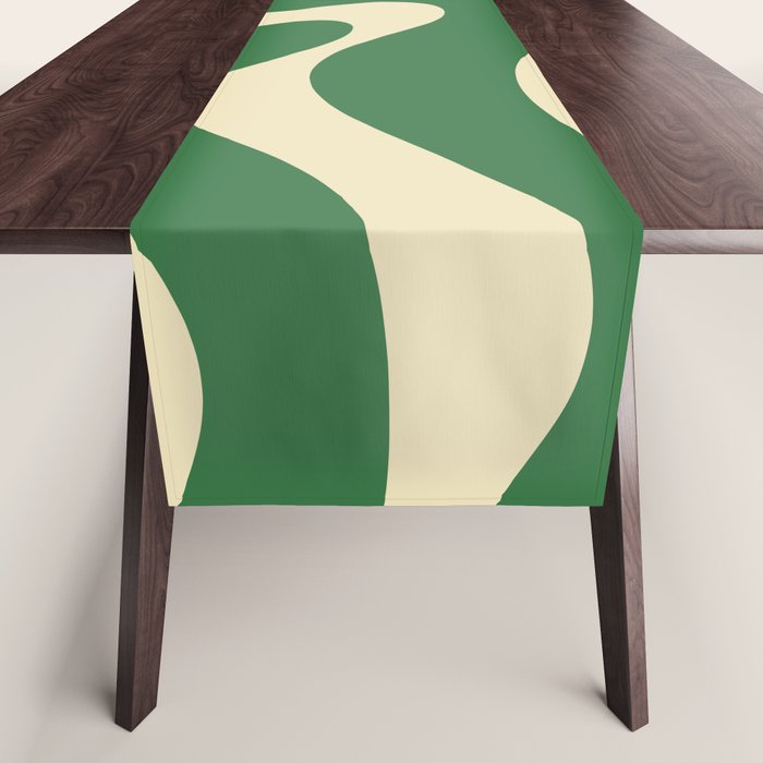 Modern Retro Liquid Swirl Abstract Forest Green and Cream Table Runner Gallery Image 1
