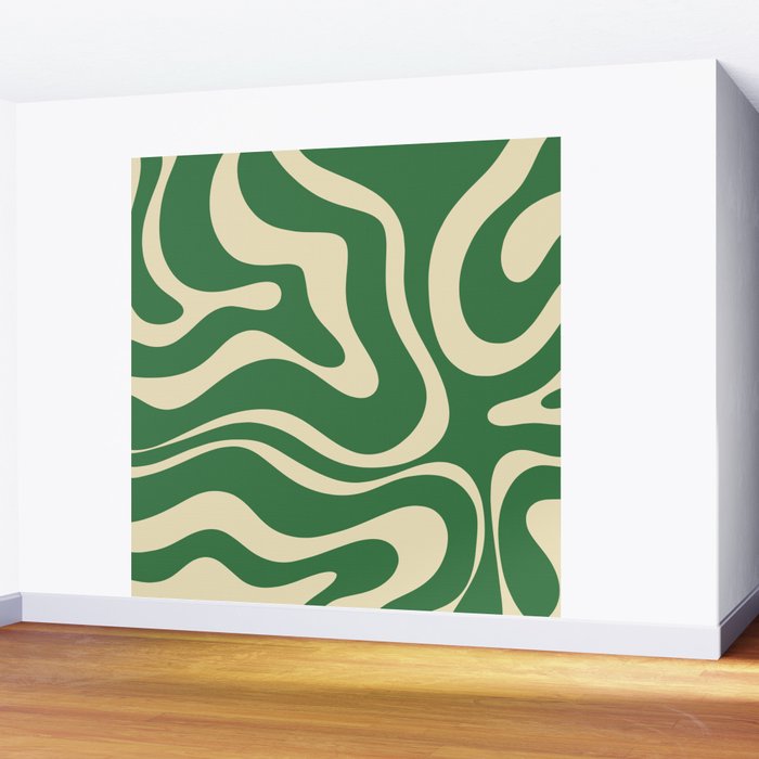 Modern Retro Liquid Swirl Abstract Forest Green and Cream Wall Mural Gallery Image 2