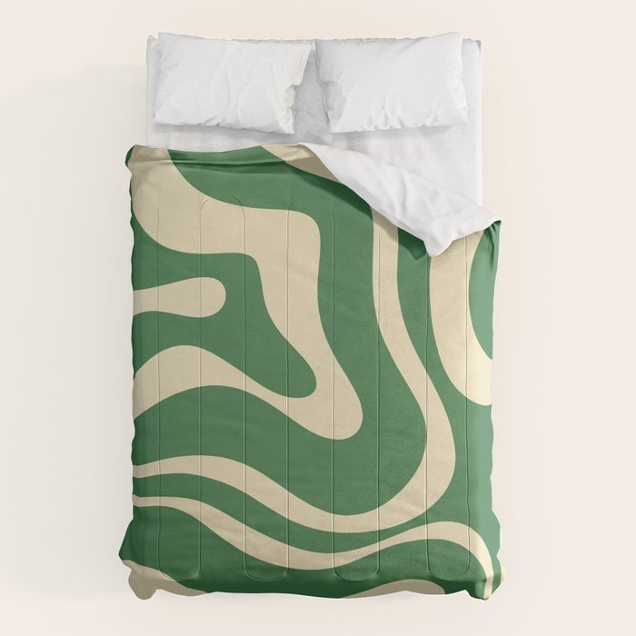 Modern Retro Liquid Swirl Abstract Forest Green and Cream Comforter Gallery Image 6