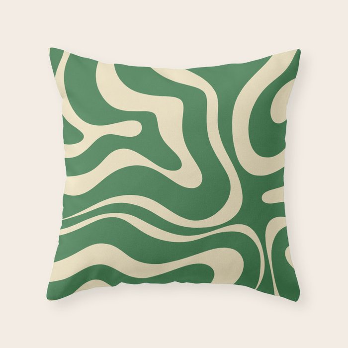 Modern Retro Liquid Swirl Abstract Forest Green and Cream Throw Pillow Gallery Image 6