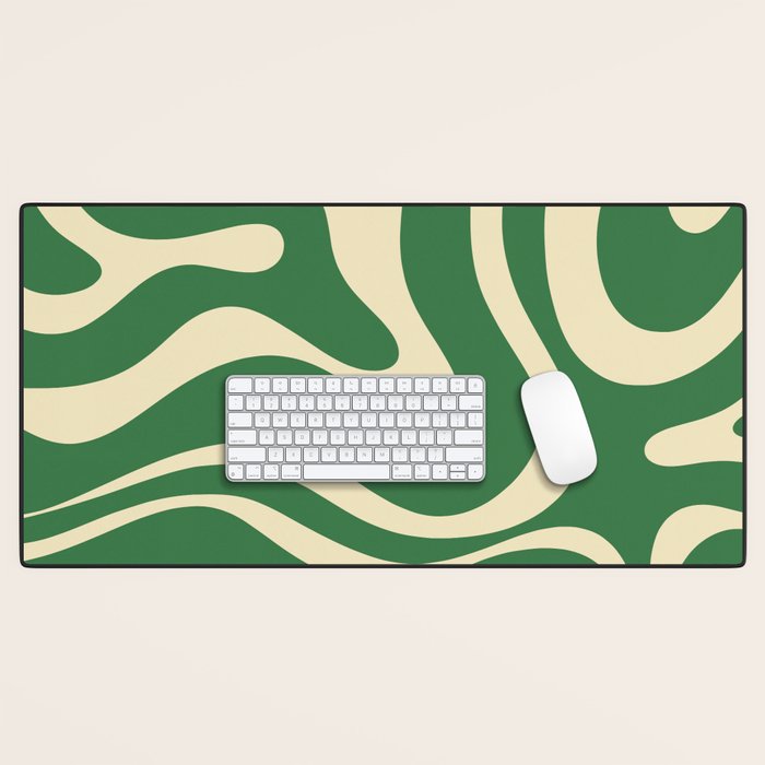 Modern Retro Liquid Swirl Abstract Forest Green and Cream Desk Mat Gallery Image 1