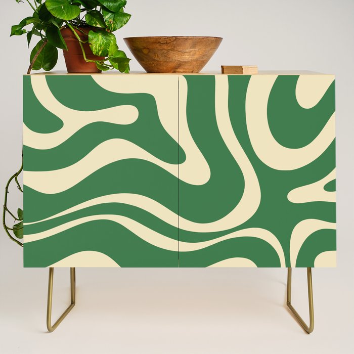 Modern Retro Liquid Swirl Abstract Forest Green and Cream Credenza Gallery Image 1