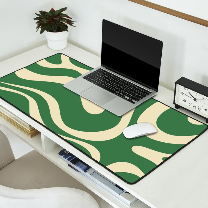 Modern Retro Liquid Swirl Abstract Forest Green and Cream Desk Mat Gallery Image 2