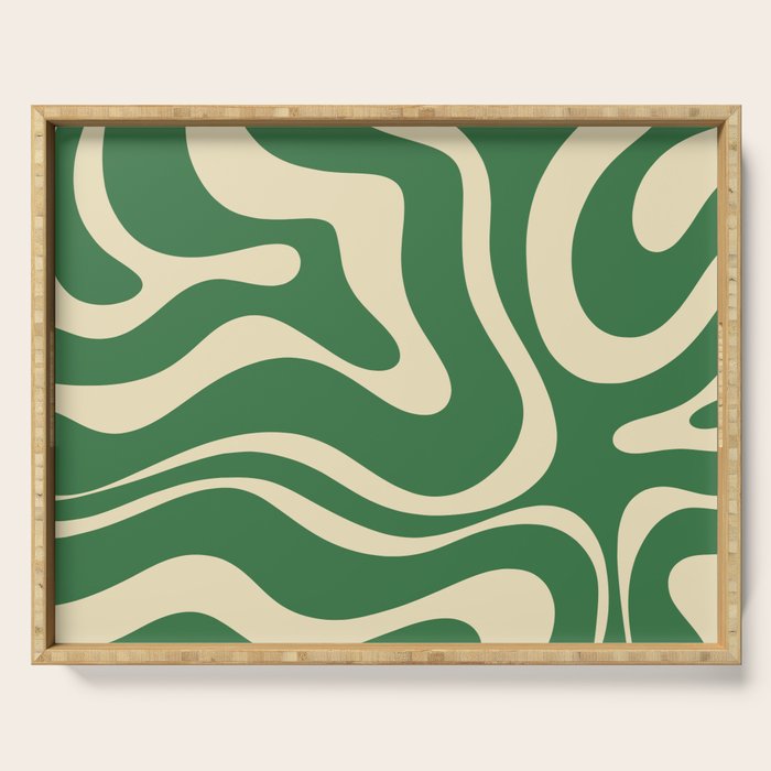 Modern Retro Liquid Swirl Abstract Forest Green and Cream Serving Tray Gallery Image 1