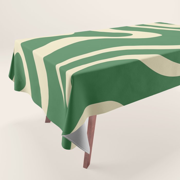 Modern Retro Liquid Swirl Abstract Forest Green and Cream Tablecloth Gallery Image 1