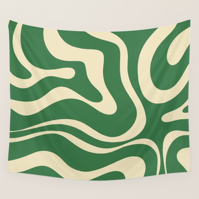 Modern Retro Liquid Swirl Abstract Forest Green and Cream Wall Tapestry Gallery Image 4