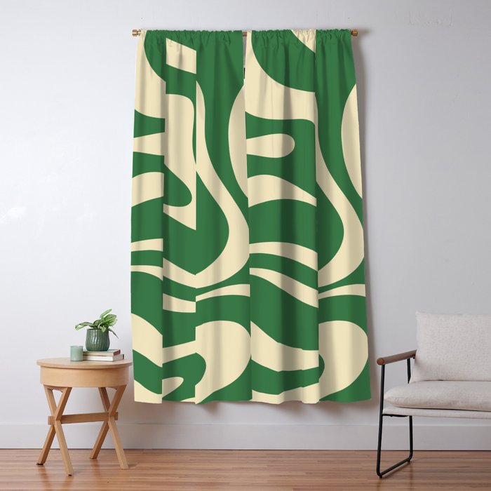 Modern Retro Liquid Swirl Abstract Forest Green and Cream Window Curtain Gallery Image 5