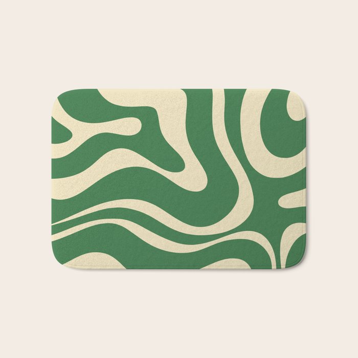 Modern Retro Liquid Swirl Abstract Forest Green and Cream Bath Mat Gallery Image 1