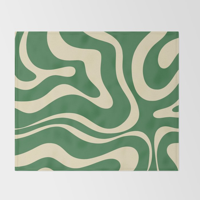 Modern Retro Liquid Swirl Abstract Forest Green and Cream Throw Blanket Gallery Image 2