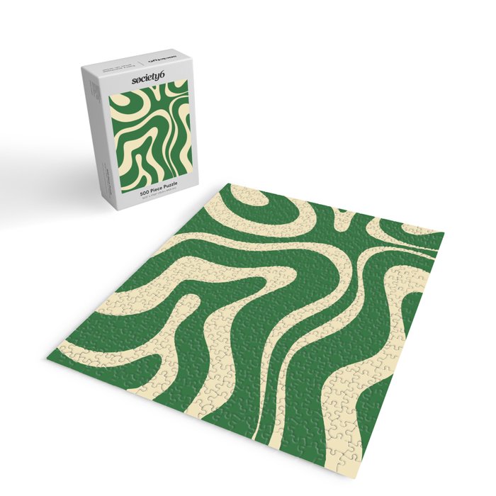 Modern Retro Liquid Swirl Abstract Forest Green and Cream Jigsaw Puzzle Gallery Image 2