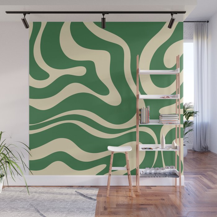 Modern Retro Liquid Swirl Abstract Forest Green and Cream Wall Mural Gallery Image 1