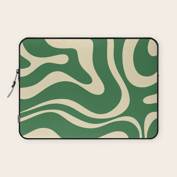 Modern Retro Liquid Swirl Abstract Forest Green and Cream Laptop Sleeve Gallery Image 1