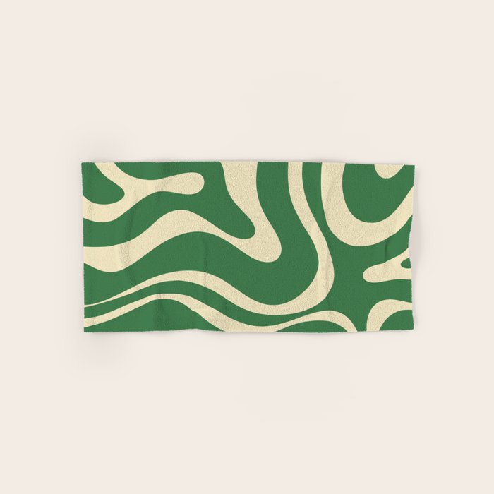 Modern Retro Liquid Swirl Abstract Forest Green and Cream Bath Towel Gallery Image 1