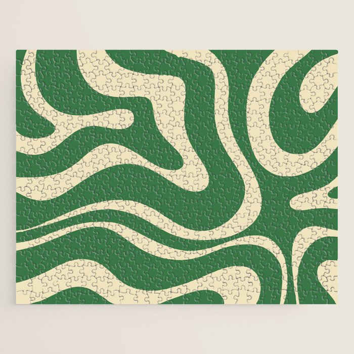 Modern Retro Liquid Swirl Abstract Forest Green and Cream Jigsaw Puzzle Gallery Image 1