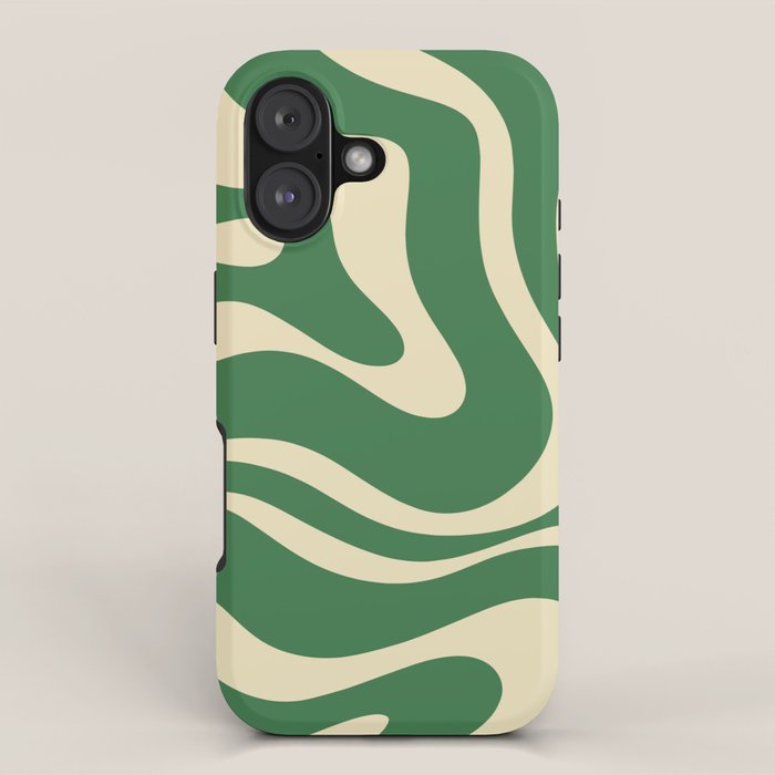 Modern Retro Liquid Swirl Abstract Forest Green and Cream iPhone Case Gallery Image 1