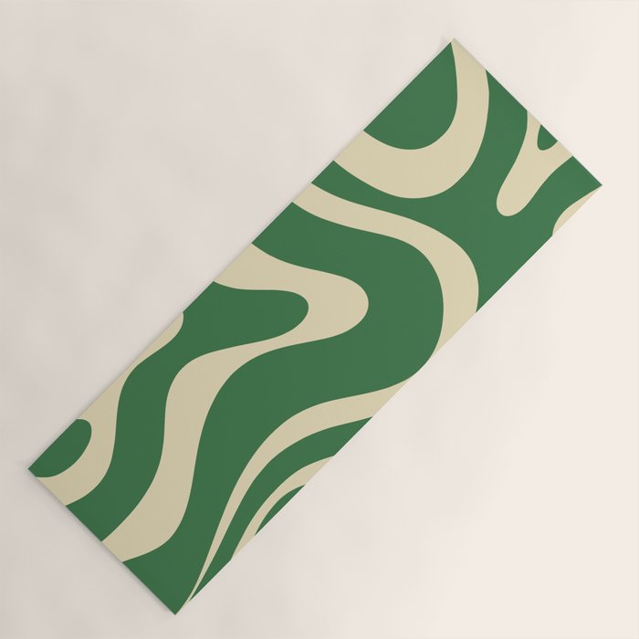 Modern Retro Liquid Swirl Abstract Forest Green and Cream Yoga Mat Gallery Image 1