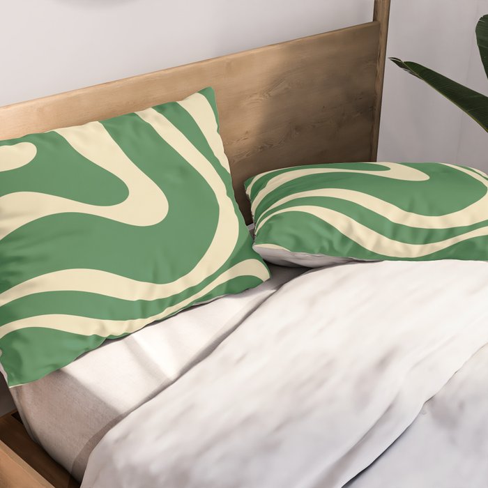 Modern Retro Liquid Swirl Abstract Forest Green and Cream Pillow Sham Gallery Image 2