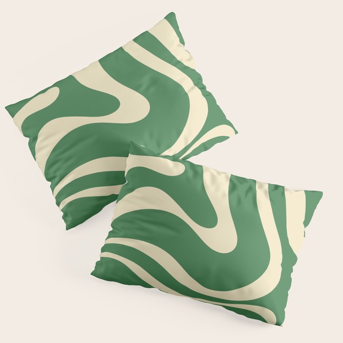 Modern Retro Liquid Swirl Abstract Forest Green and Cream Pillow Sham Gallery Image 3