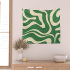 Modern Retro Liquid Swirl Abstract Forest Green and Cream Wall Tapestry Gallery Image 2