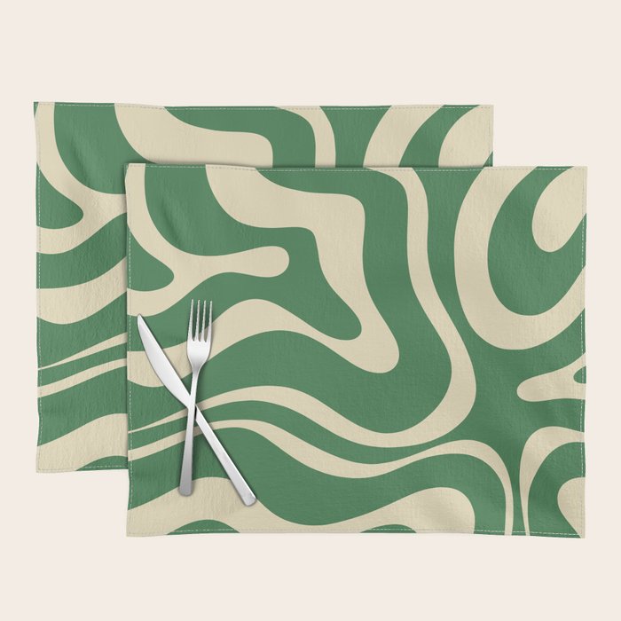 Modern Retro Liquid Swirl Abstract Forest Green and Cream Placemat Gallery Image 1