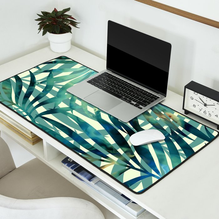 Tropical, Jungle, Palm Leaves, Watercolor Abstract, Blue and Green Desk Mat Gallery Image 2