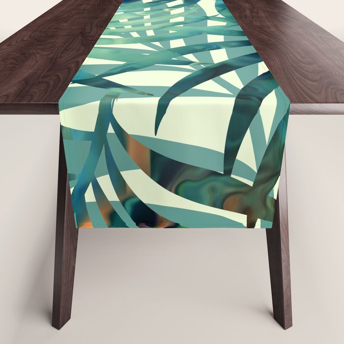 Tropical, Jungle, Palm Leaves, Watercolor Abstract, Blue and Green Table Runner Gallery Image 1