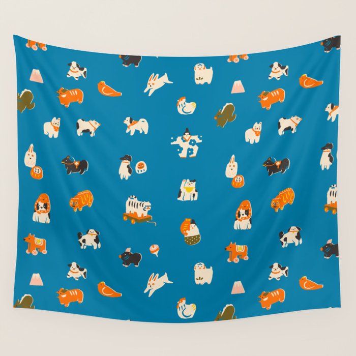 Japanese toys in blue Wall Tapestry Gallery Image 4