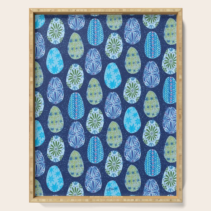 Colorful Folk Art Easter Eggs in Teal & Navy Blue Serving Tray Gallery Image 1