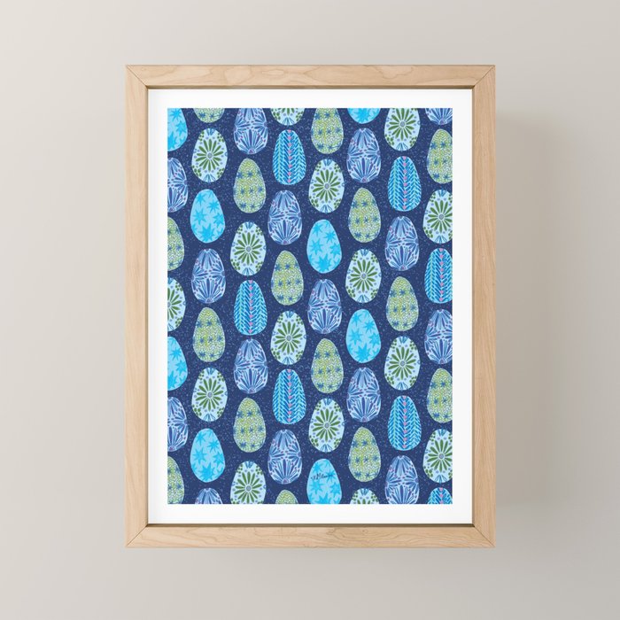 Colorful Folk Art Easter Eggs in Teal & Navy Blue Mini Art Print Gallery Image 1