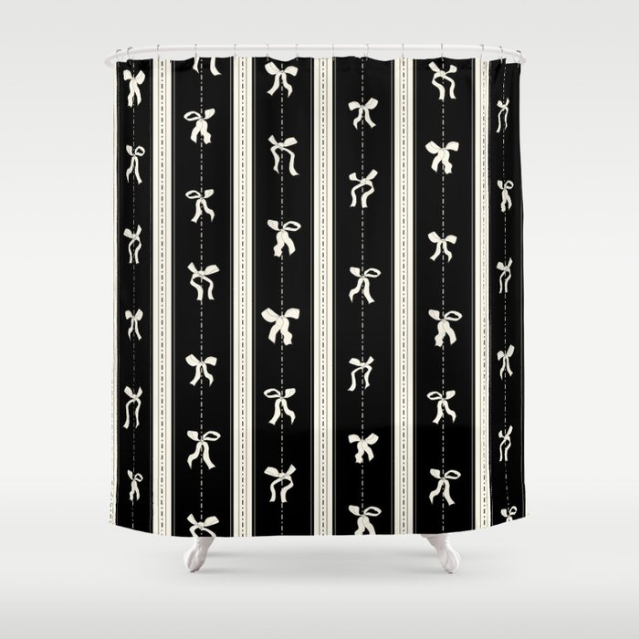 Coquette beige Bows on a black and beige stripes background pattern Shower Curtain Gallery Image 1