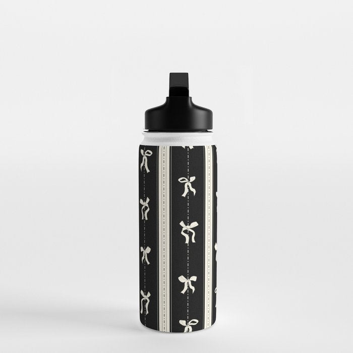 Coquette beige Bows on a black and beige stripes background pattern Water Bottle Gallery Image 3