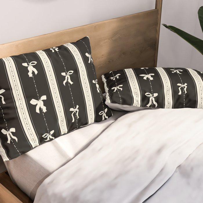 Coquette beige Bows on a black and beige stripes background pattern Pillow Sham Gallery Image 2