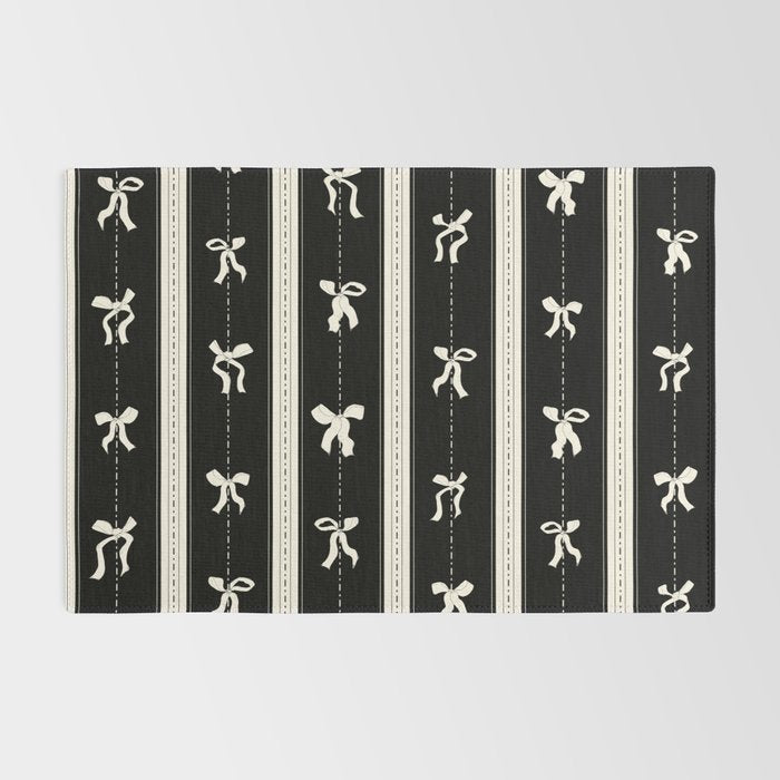 Coquette beige Bows on a black and beige stripes background pattern Rug Gallery Image 2