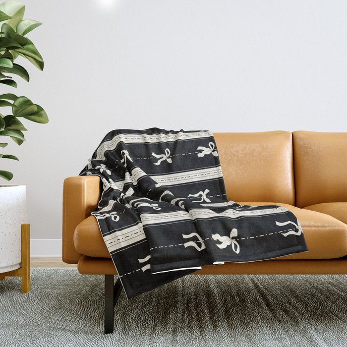 Coquette beige Bows on a black and beige stripes background pattern Throw Blanket Gallery Image 1