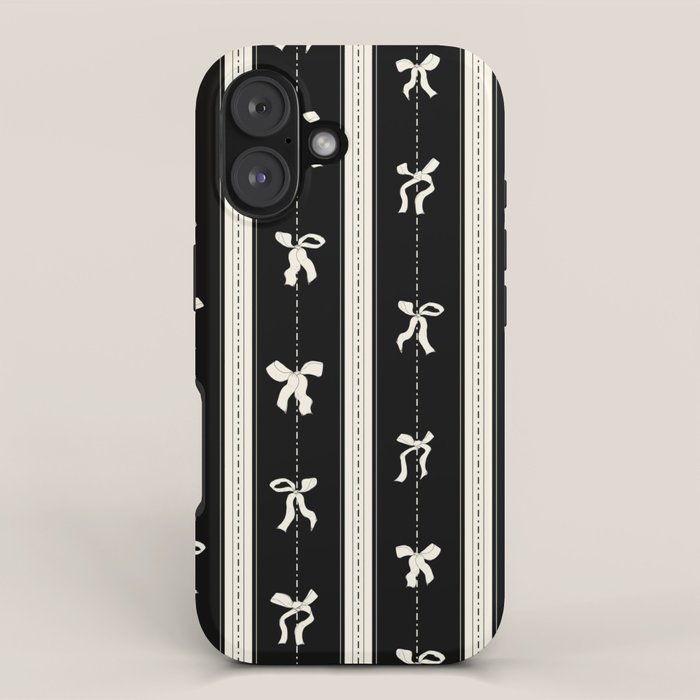 Coquette beige Bows on a black and beige stripes background pattern iPhone Case Gallery Image 1