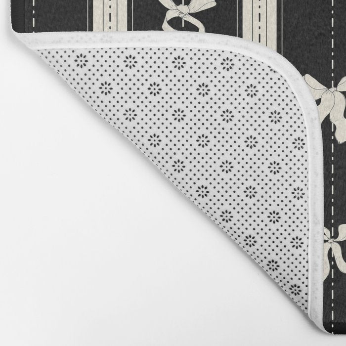 Coquette beige Bows on a black and beige stripes background pattern Bath Mat Gallery Image 2