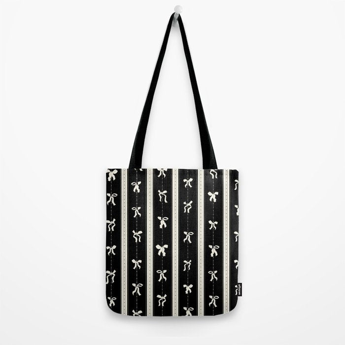 Coquette beige Bows on a black and beige stripes background pattern Tote Bag Gallery Image 2