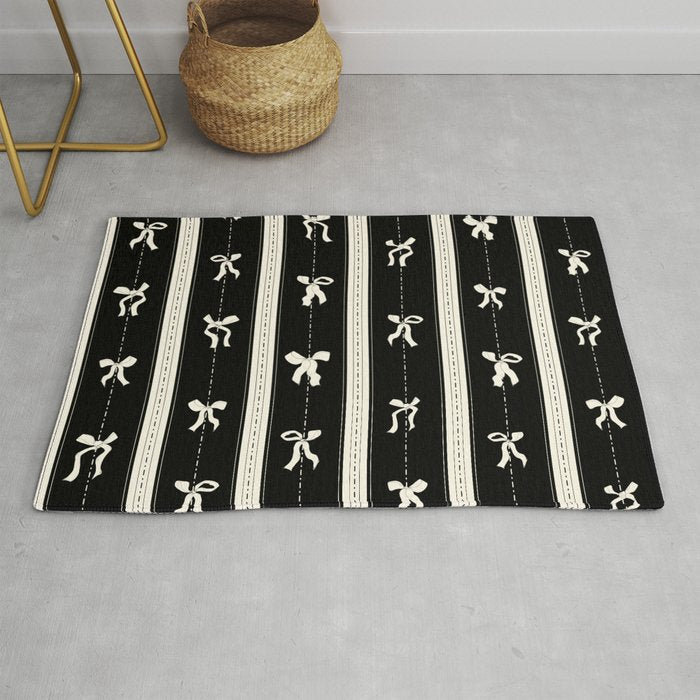 Coquette beige Bows on a black and beige stripes background pattern Rug Gallery Image 1