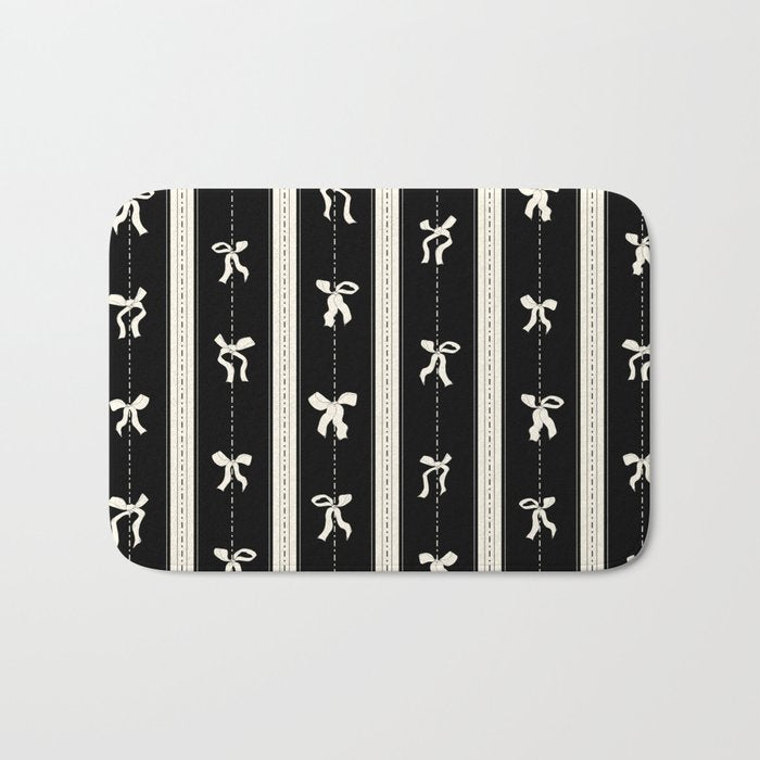 Coquette beige Bows on a black and beige stripes background pattern Bath Mat Gallery Image 1