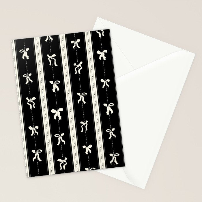 Coquette beige Bows on a black and beige stripes background pattern Stationery Card Gallery Image 2