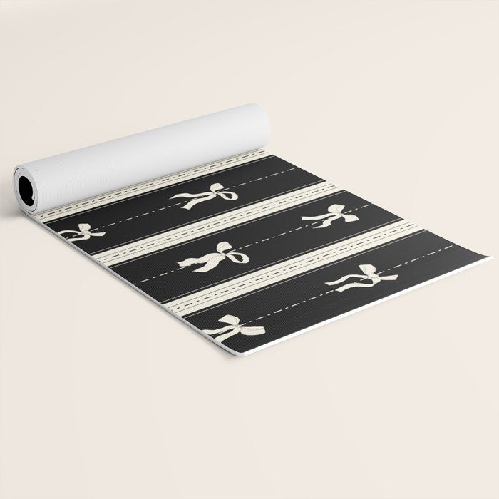 Coquette beige Bows on a black and beige stripes background pattern Yoga Mat Gallery Image 2