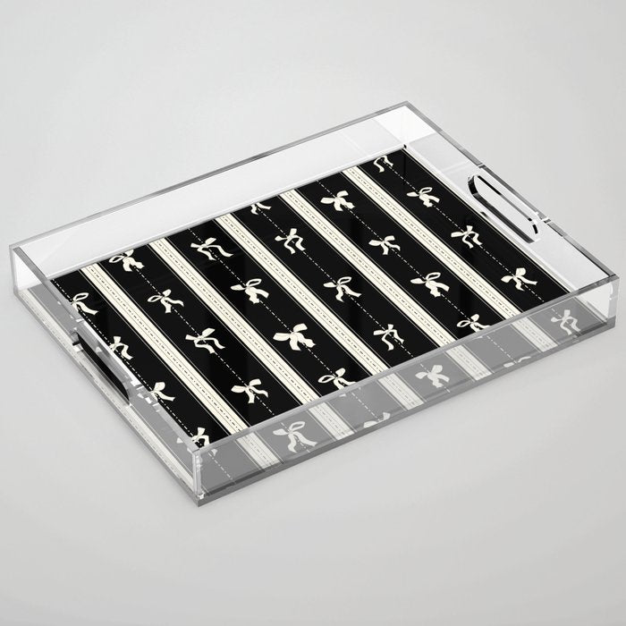 Coquette beige Bows on a black and beige stripes background pattern Acrylic Tray Gallery Image 1