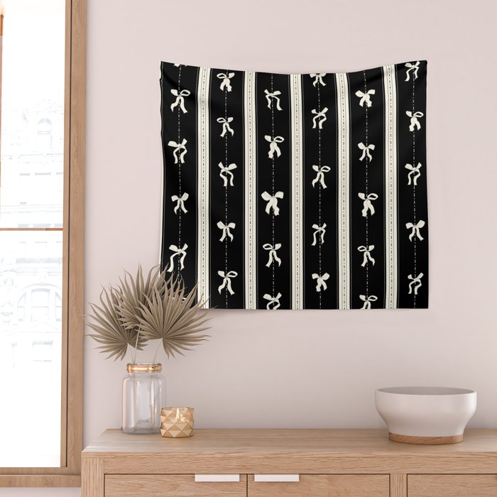 Coquette beige Bows on a black and beige stripes background pattern Wall Tapestry Gallery Image 2