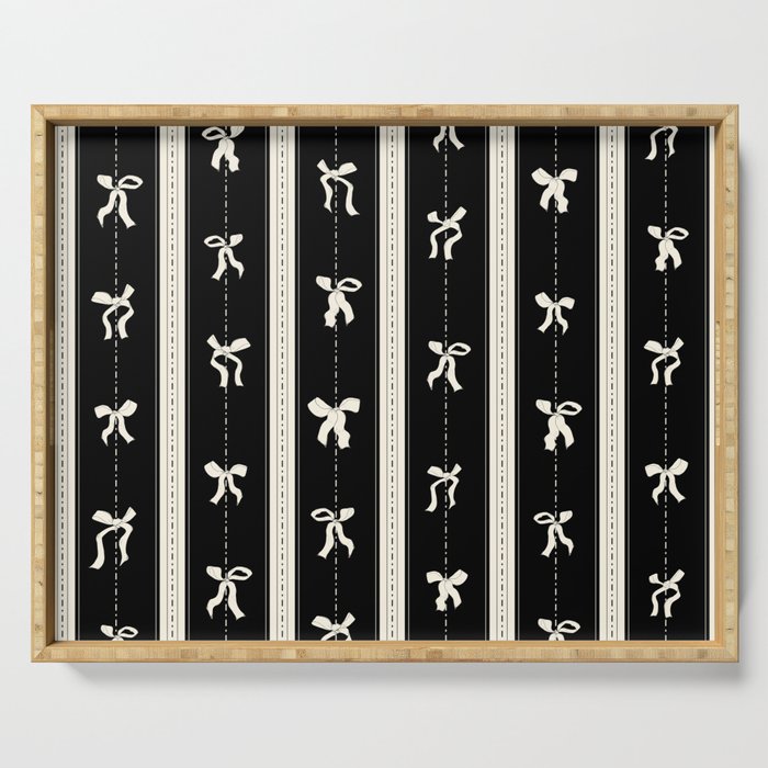 Coquette beige Bows on a black and beige stripes background pattern Serving Tray Gallery Image 1