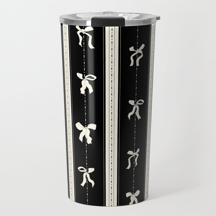 Coquette beige Bows on a black and beige stripes background pattern Travel Mug Gallery Image 1