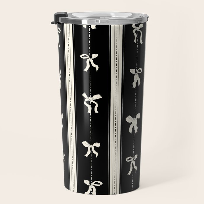 Coquette beige Bows on a black and beige stripes background pattern Travel Mug Gallery Image 3