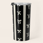 Coquette beige Bows on a black and beige stripes background pattern Travel Mug Gallery Image 3