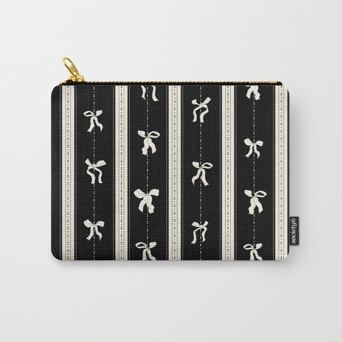 Coquette beige Bows on a black and beige stripes background pattern Carry All Pouch Gallery Image 1