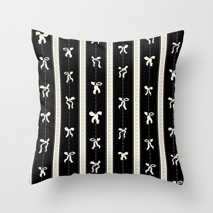 Coquette beige Bows on a black and beige stripes background pattern Throw Pillow Gallery Image 6