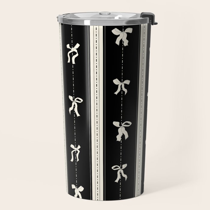 Coquette beige Bows on a black and beige stripes background pattern Travel Mug Gallery Image 2